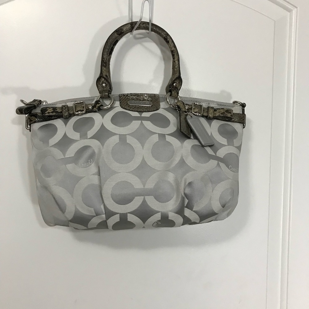 Coach Madison Sophia Op Art Gray Sateen Satchel with Python-Embossed Trim EUC